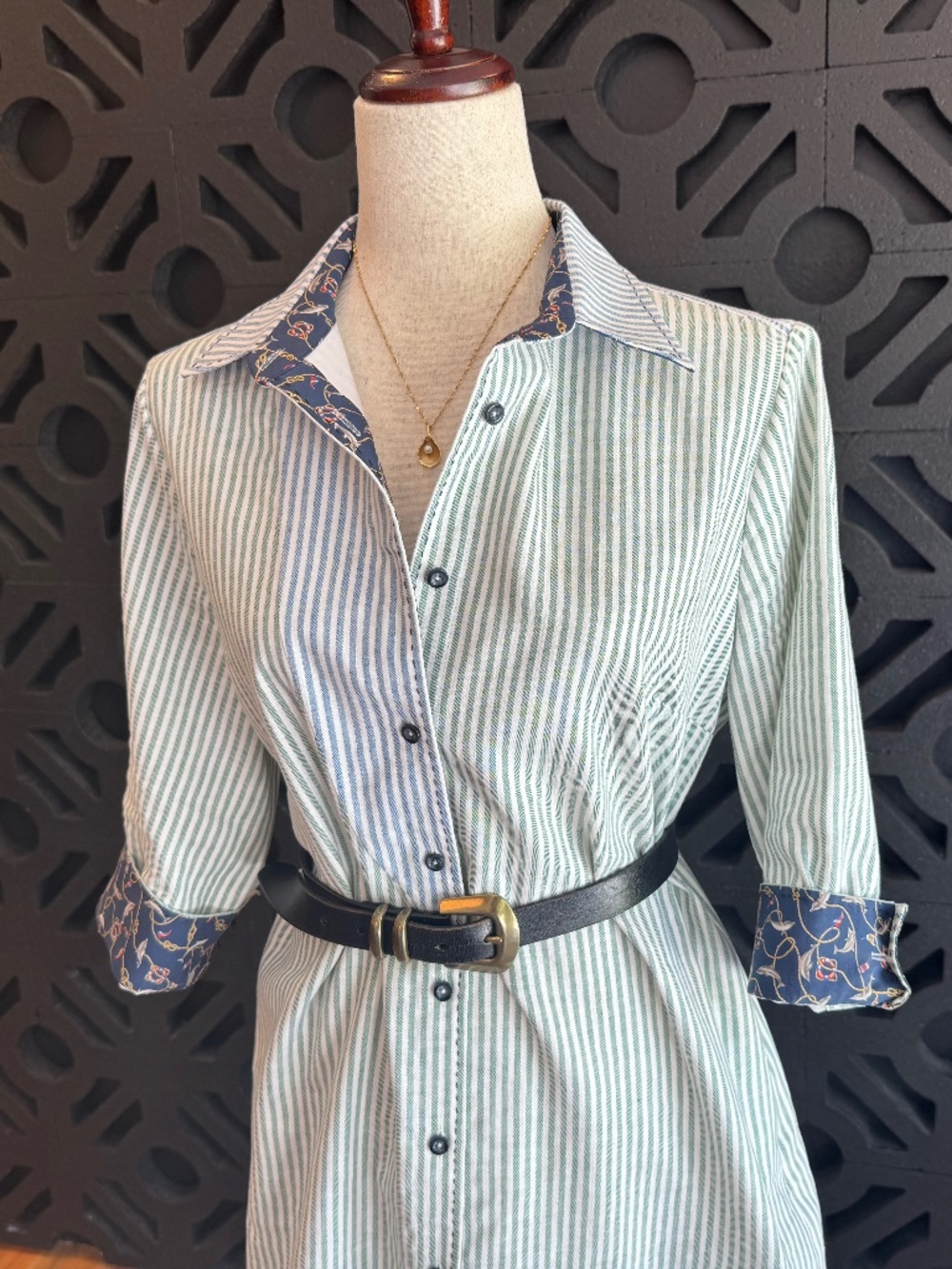 Striped Shirt Dress Coastal Blue Green Midi Button Front Dress